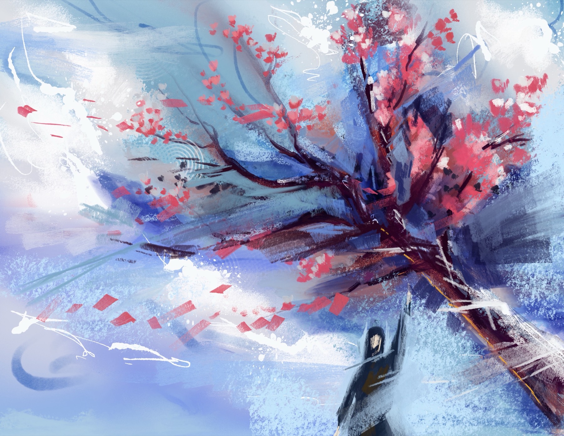 Expressive blue and coral tree spreading across an abstract pale-blue landscape