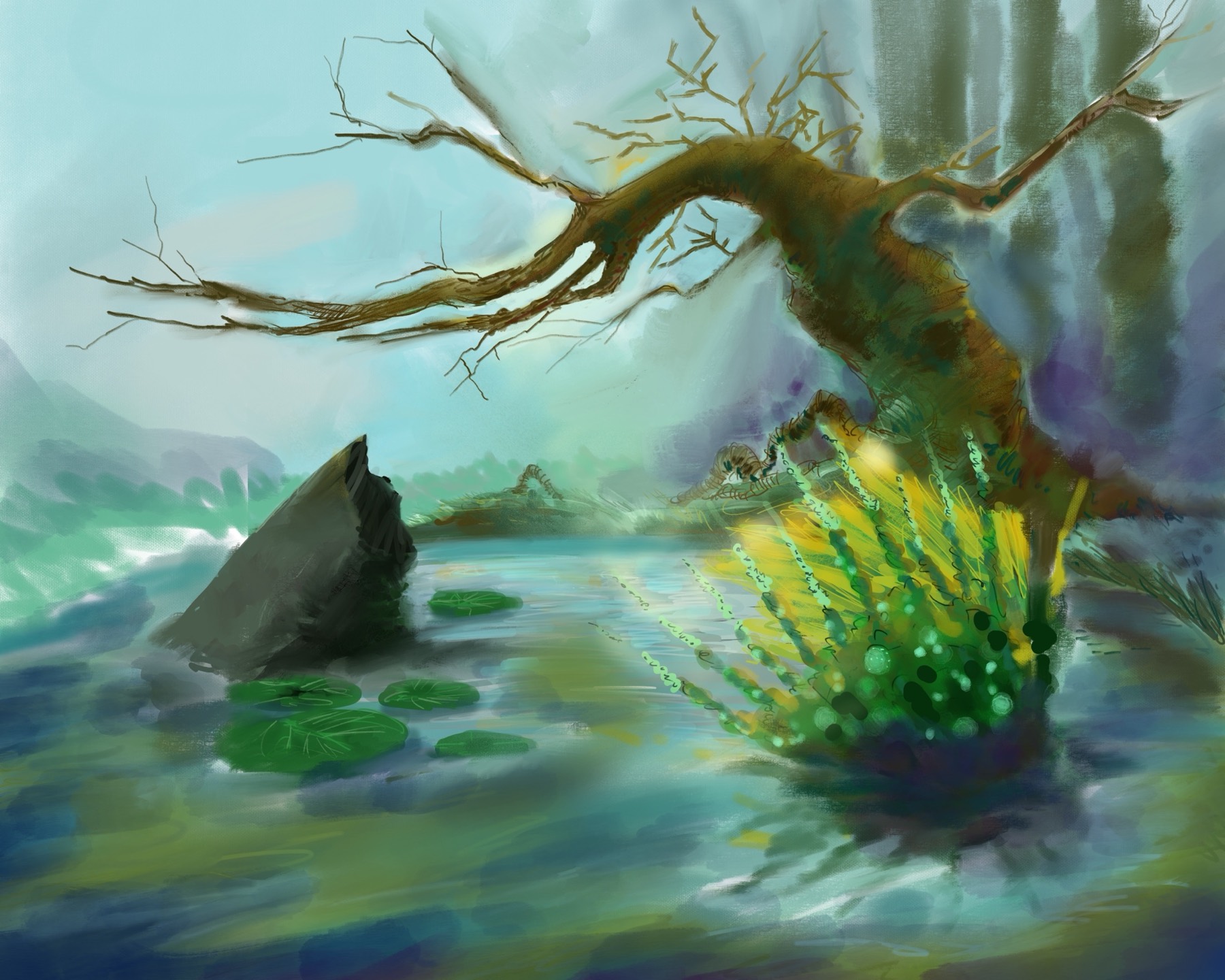 Twisted tree leaning over a luminous pond with lily pads and dense glowing plants