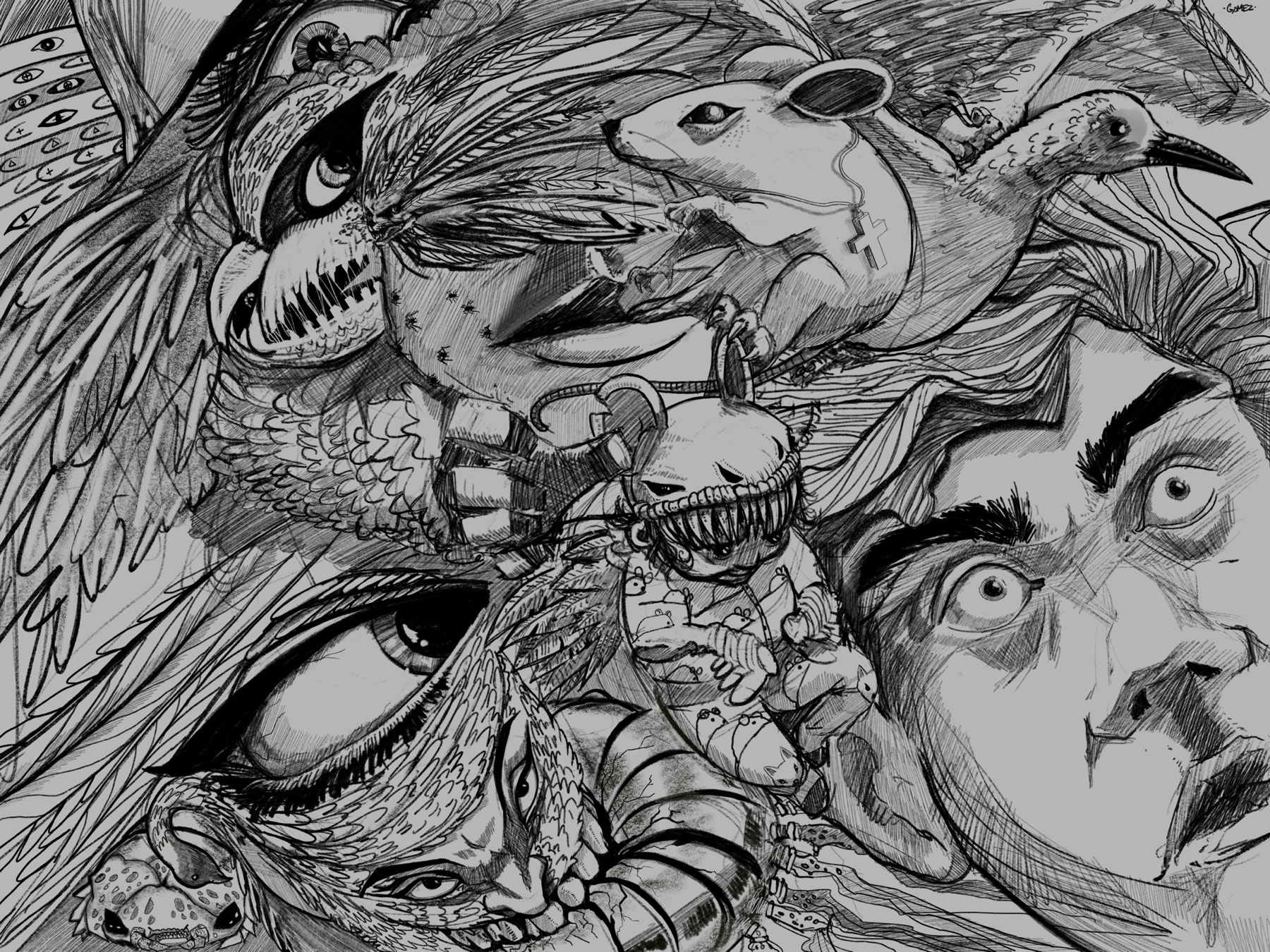 Dense monochrome collage of eyes birds mice faces and imagined creatures