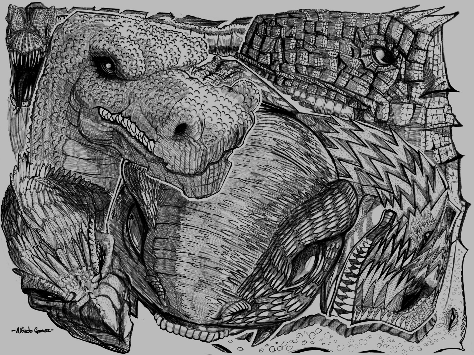 Monochrome creature collage featuring dinosaurs birds reptiles and an insect