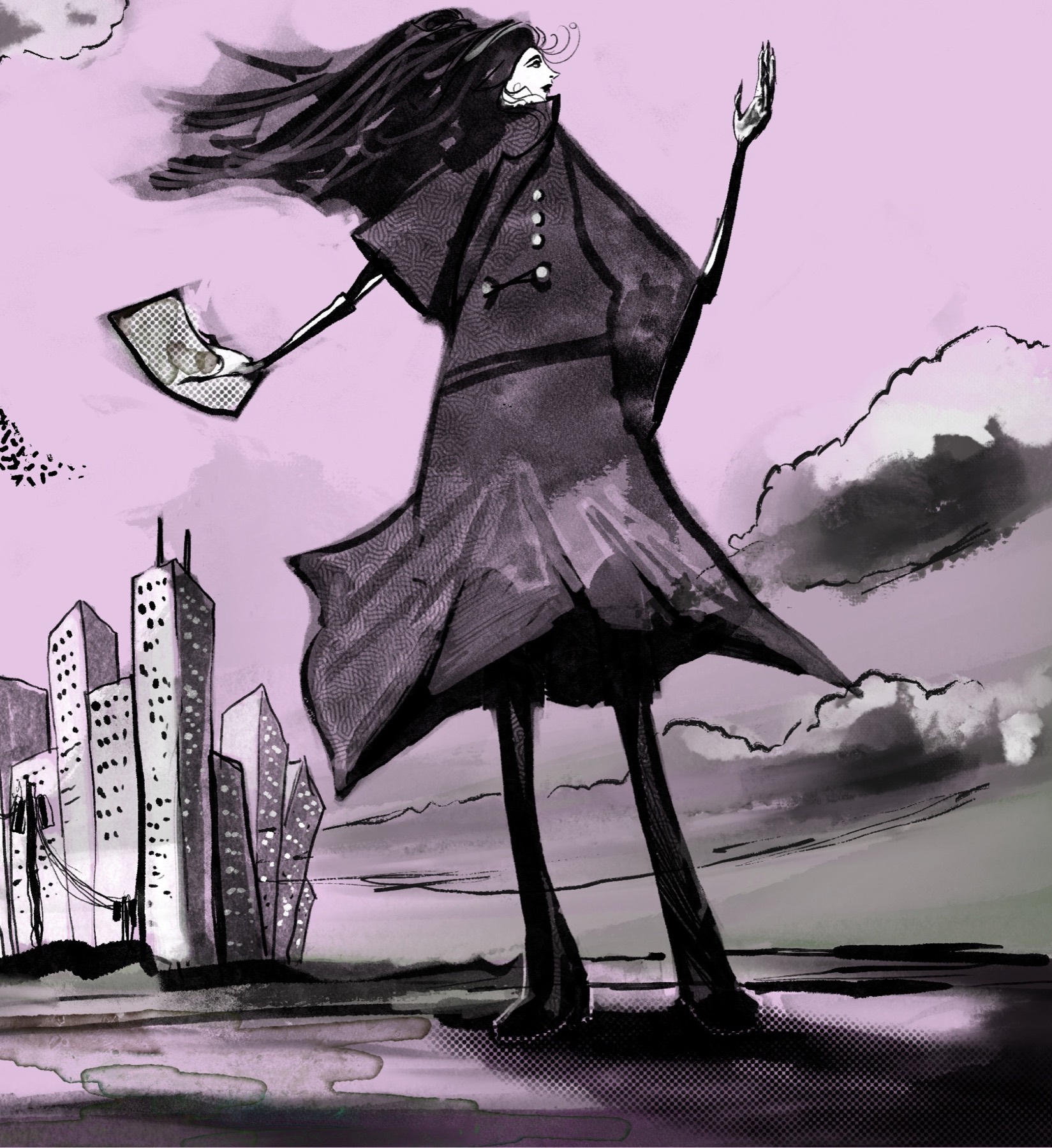 Tall cloaked figure holding a paper above a city under a pink-gray sky