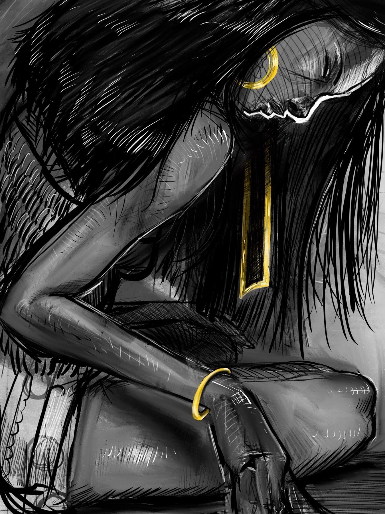 Monochrome close-up portrait with black hair and gold crescent and jewelry accents