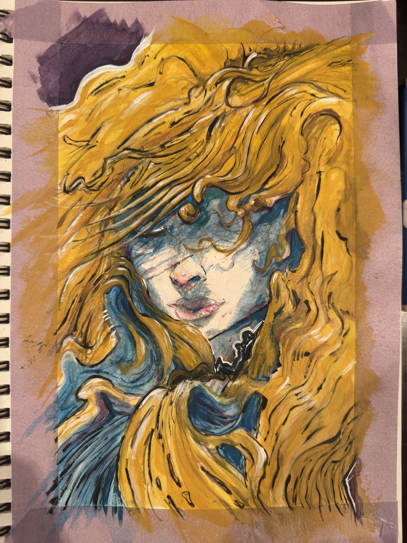 Sketchbook portrait of a golden-haired figure with blue shadows and flowing shapes