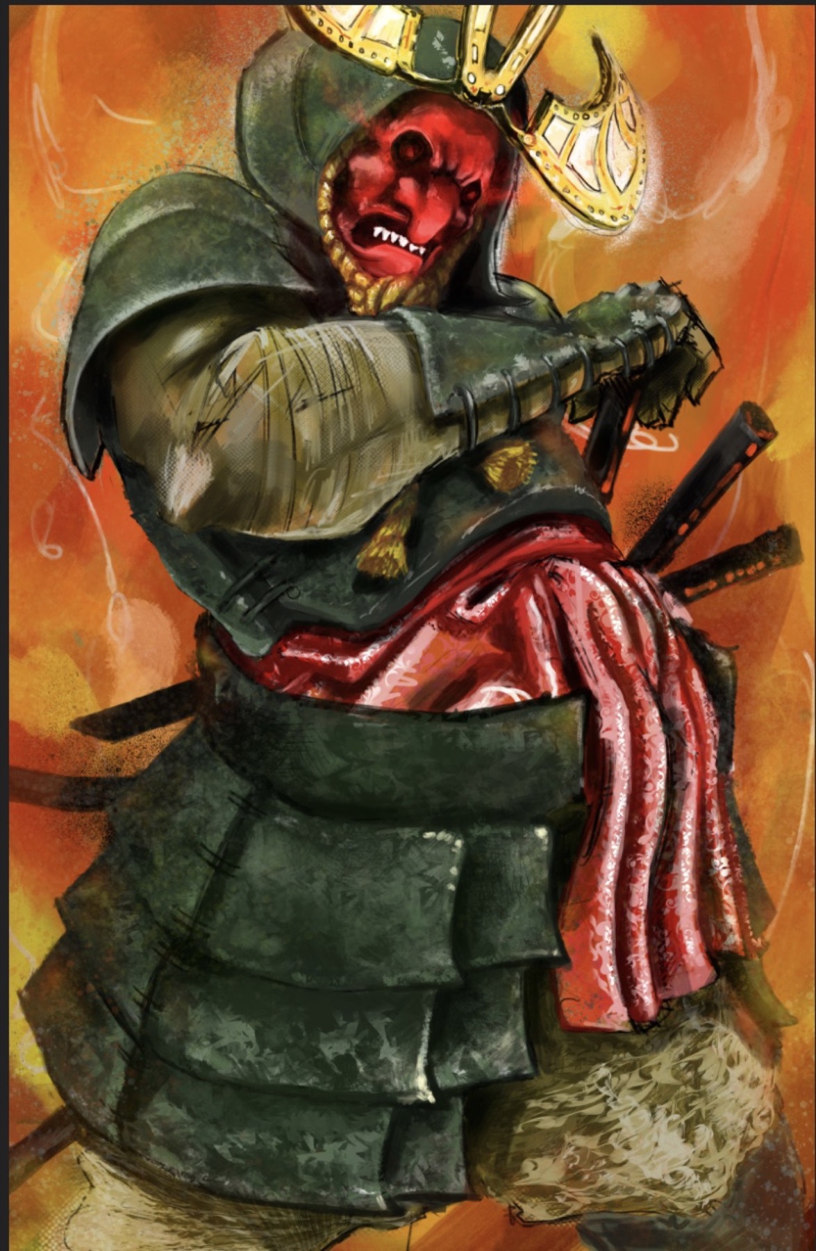 Horned red-faced samurai in layered green armor against an orange background