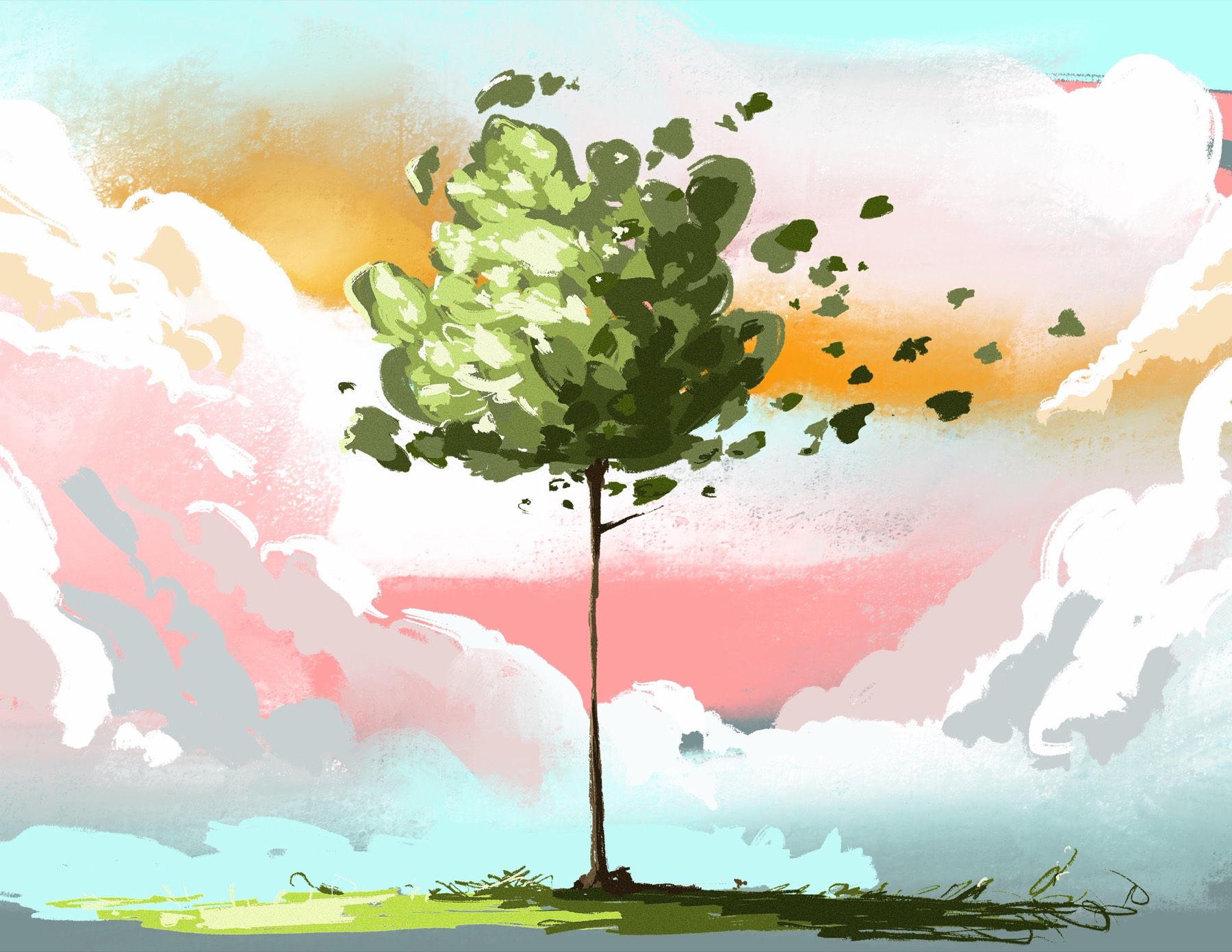 Single green tree surrounded by pastel clouds beneath a turquoise and coral sky