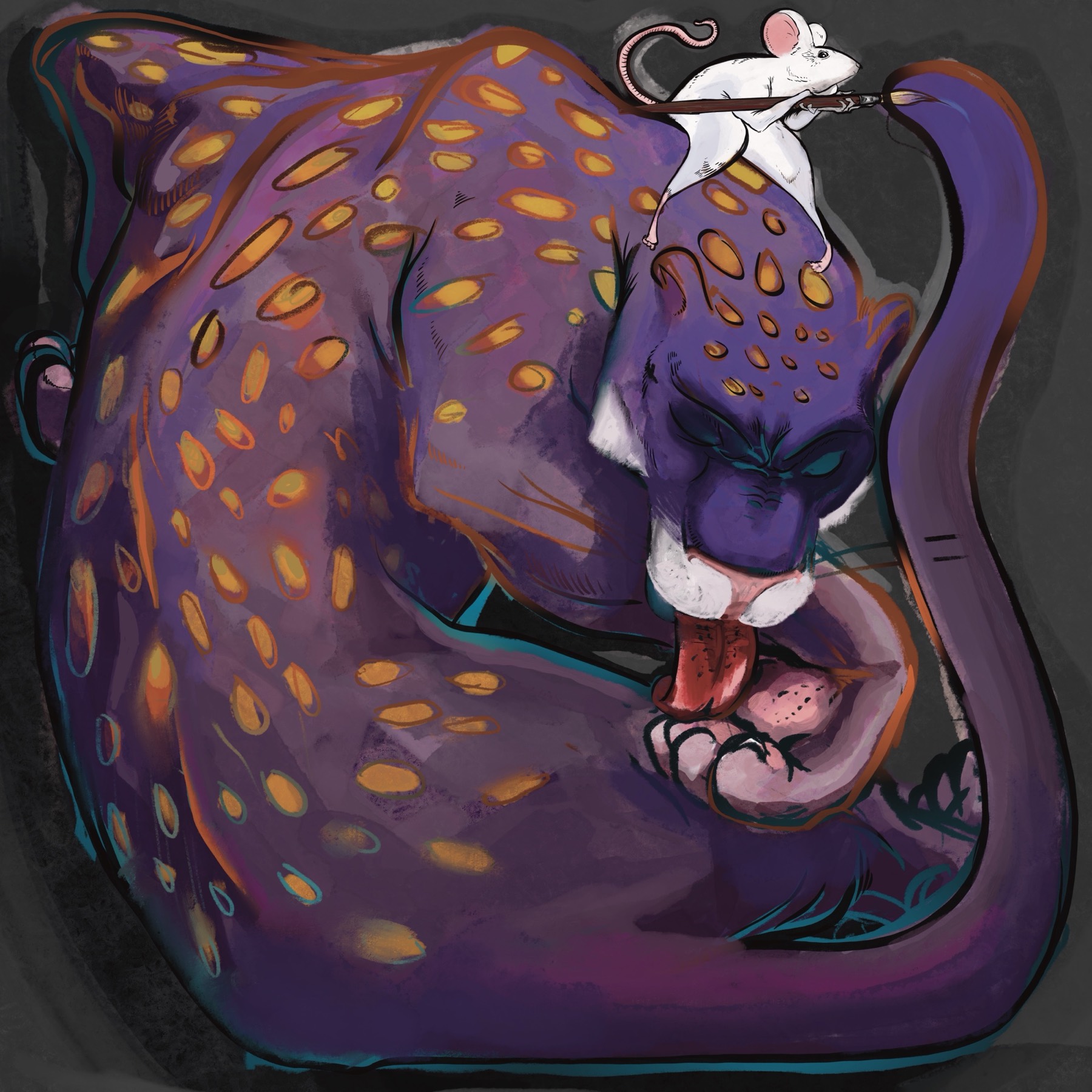 White mouse painting orange spots across a large purple cat