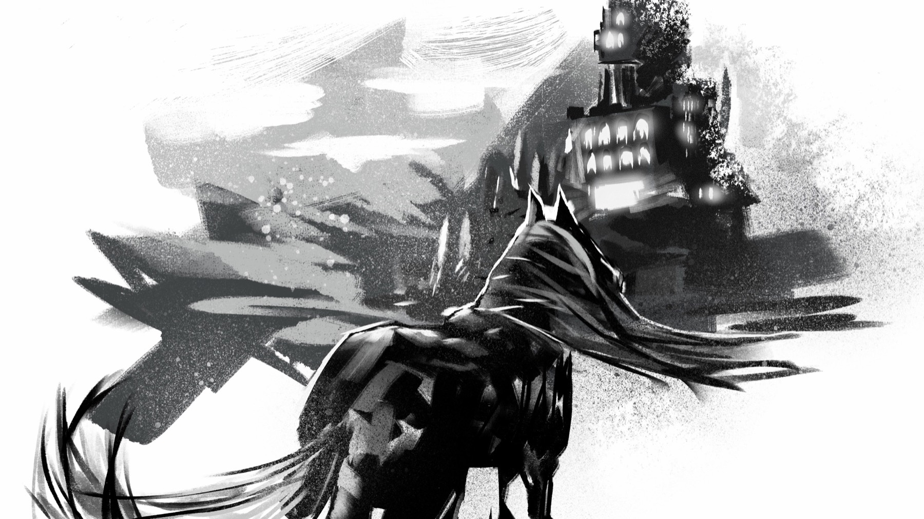Dark caped rider facing a distant illuminated structure in a monochrome scene