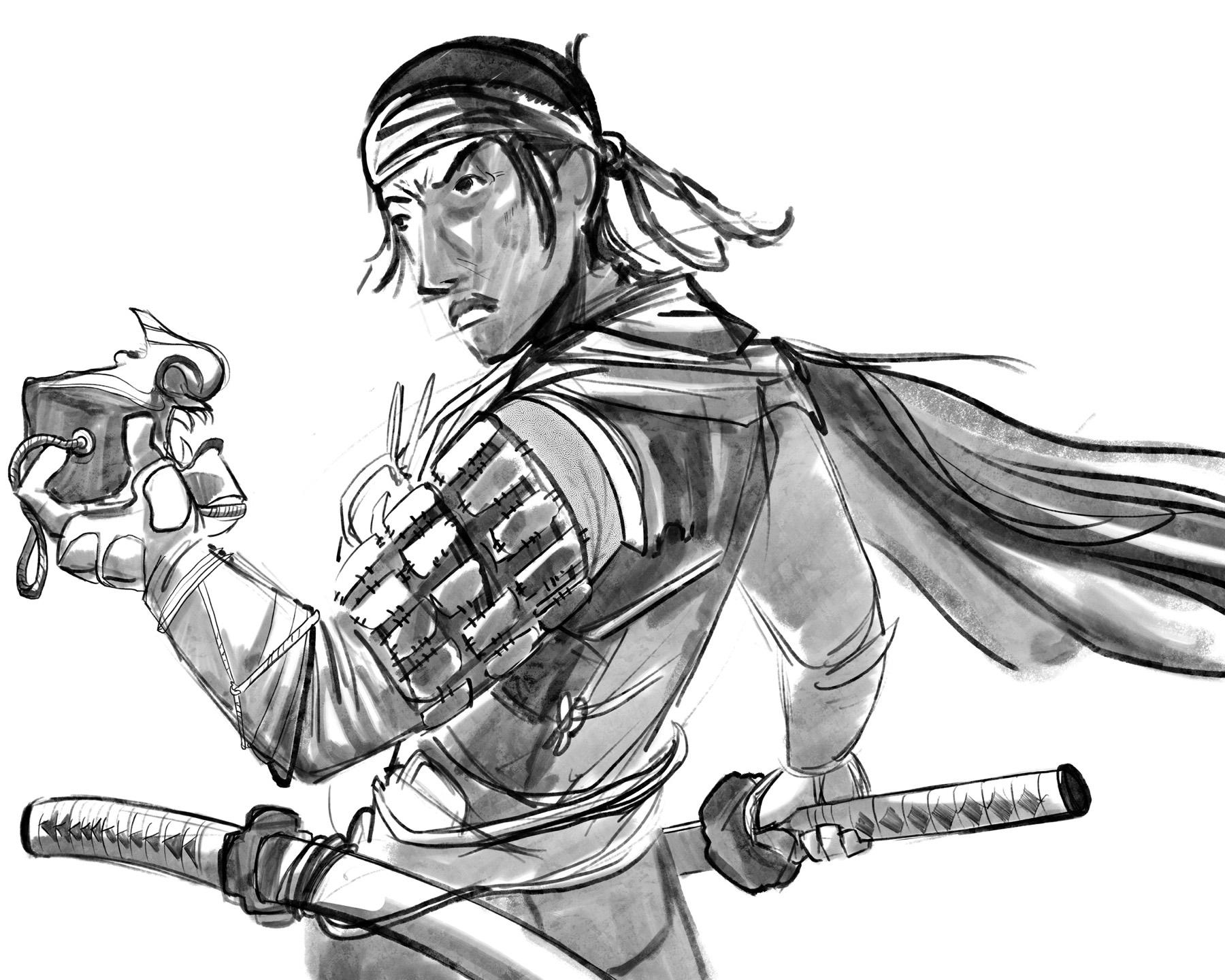 Monochrome samurai drawing with layered armor flowing scarf and two swords
