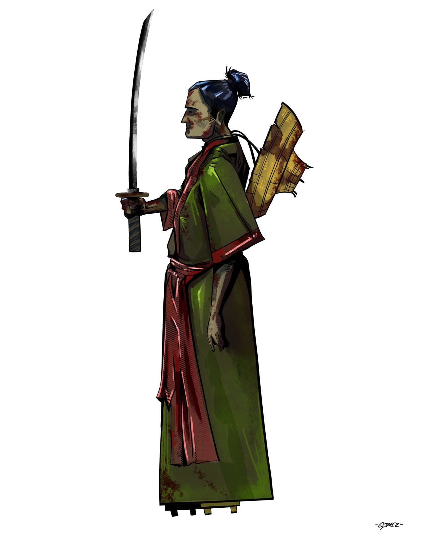 Side-profile samurai holding a long sword with a bow and arrows across his back