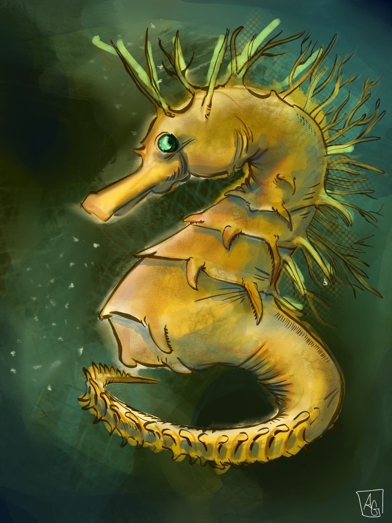 Two golden leafy seahorses curling through a deep green underwater scene