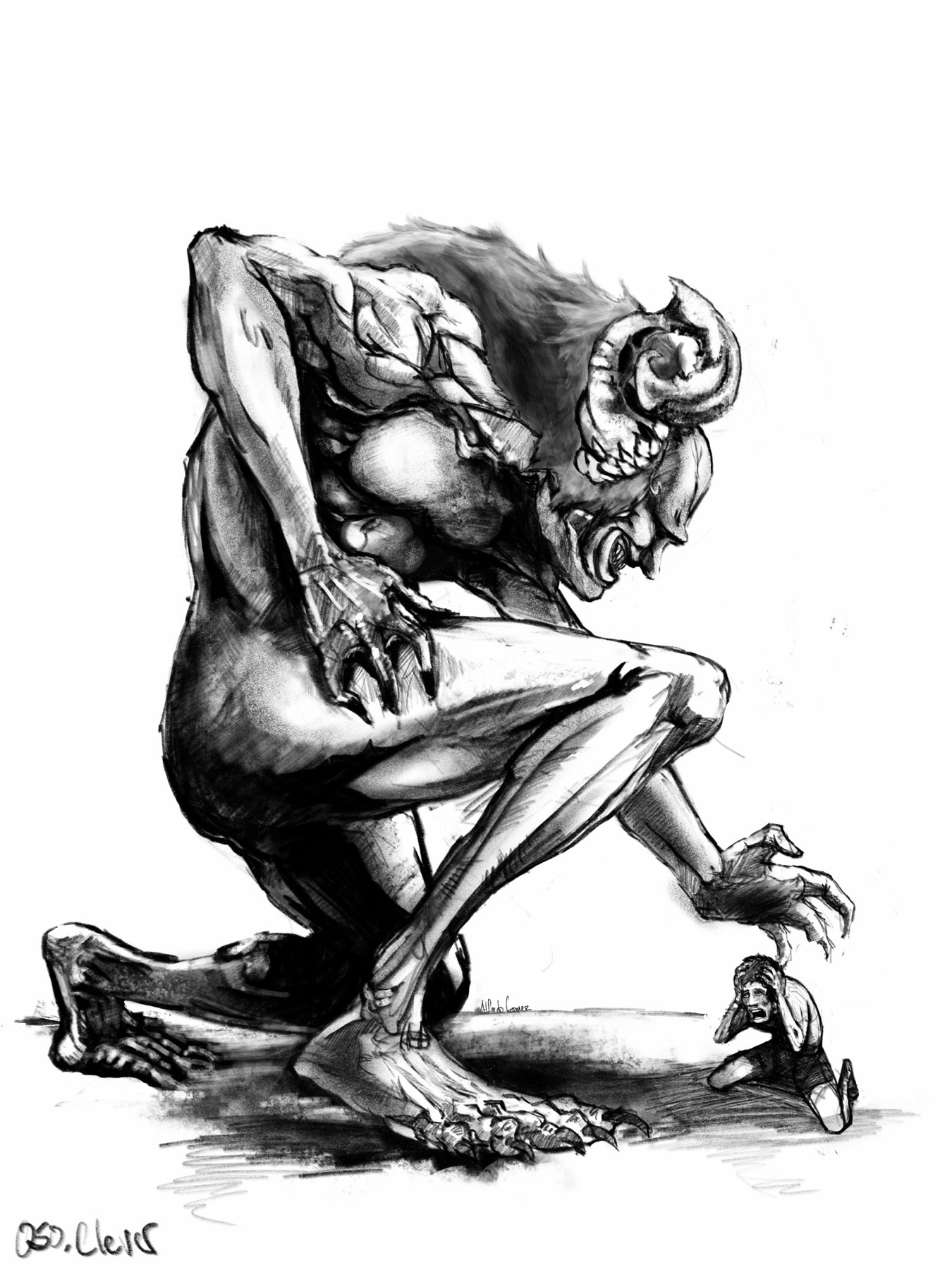 Large horned creature crouching over a smaller seated figure in a monochrome drawing