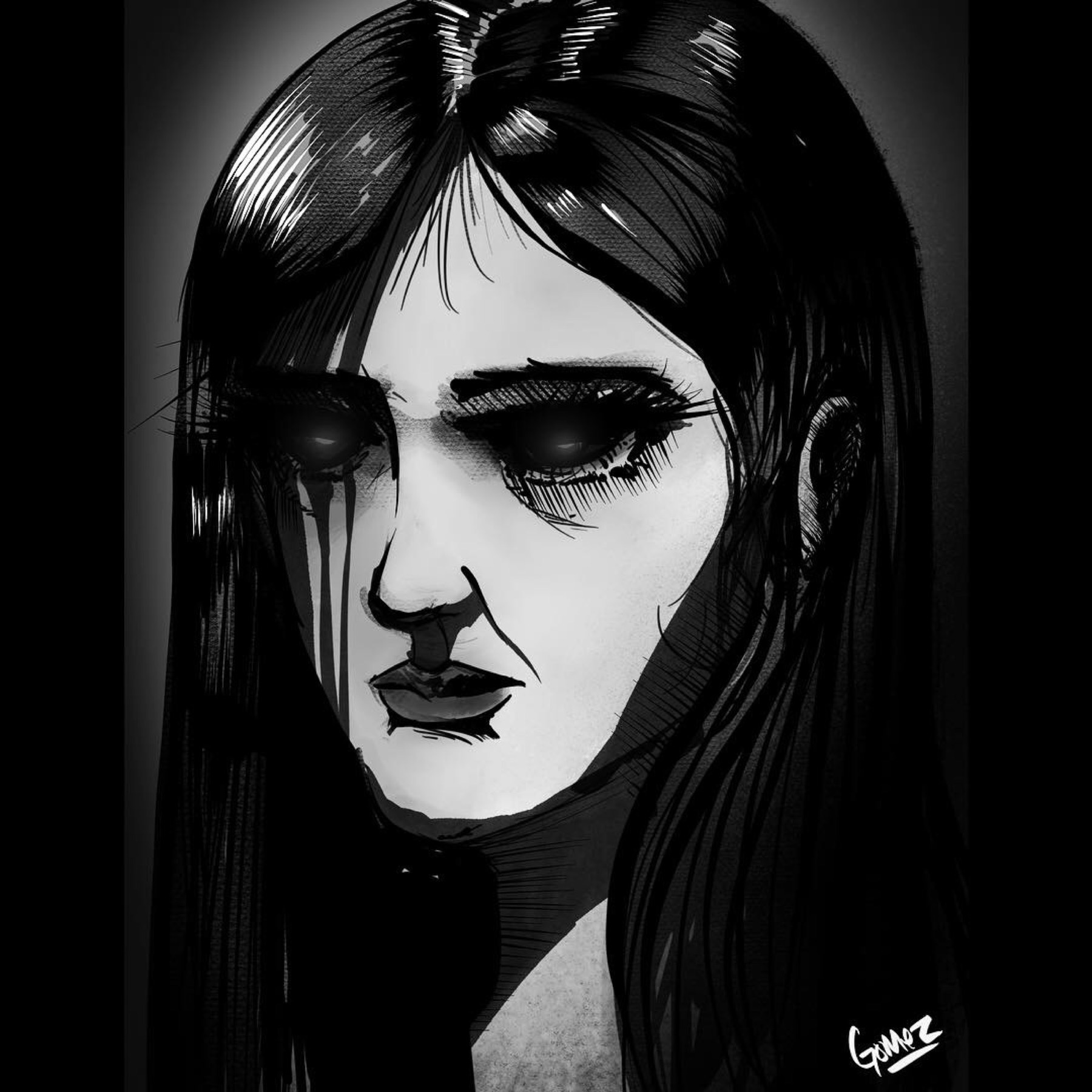 Monochrome portrait of a long-haired figure with dark eyes and black tears