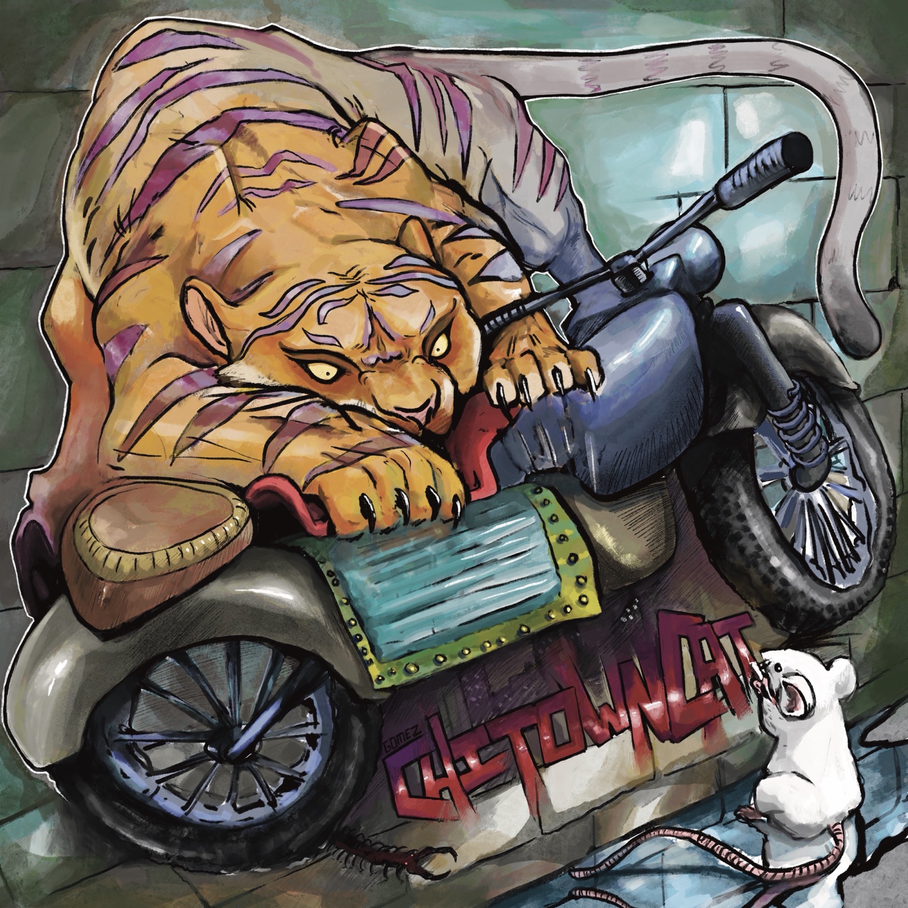 Large orange tiger curled around a blue motorcycle while white mice gather below