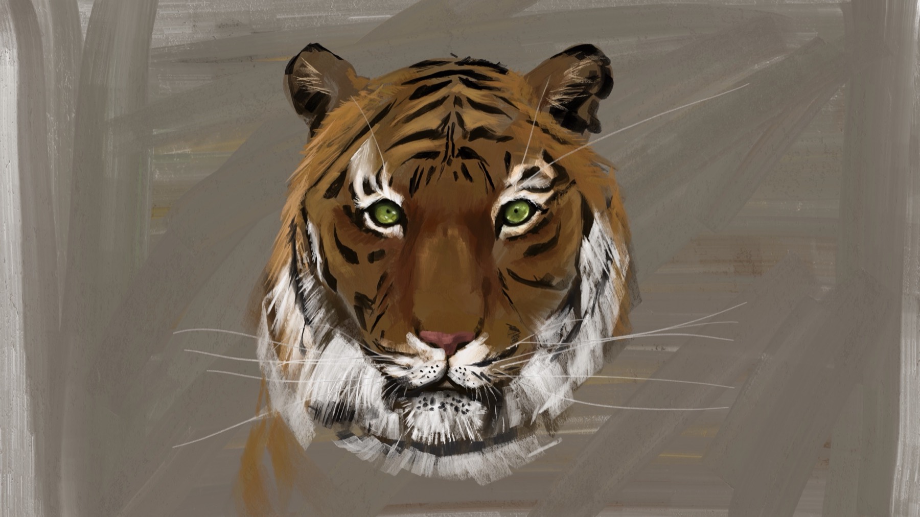 Front-facing tiger portrait with green eyes against a muted gray background