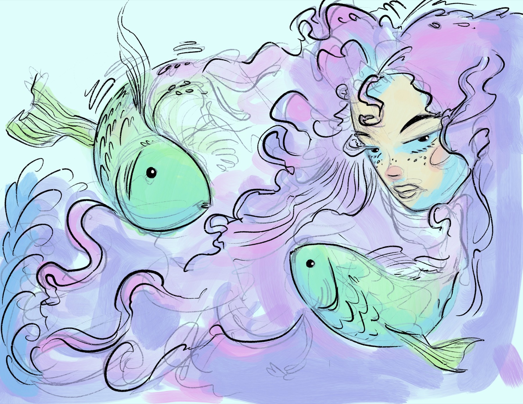 Pastel water spirit surrounded by mint-green fish and lavender waves