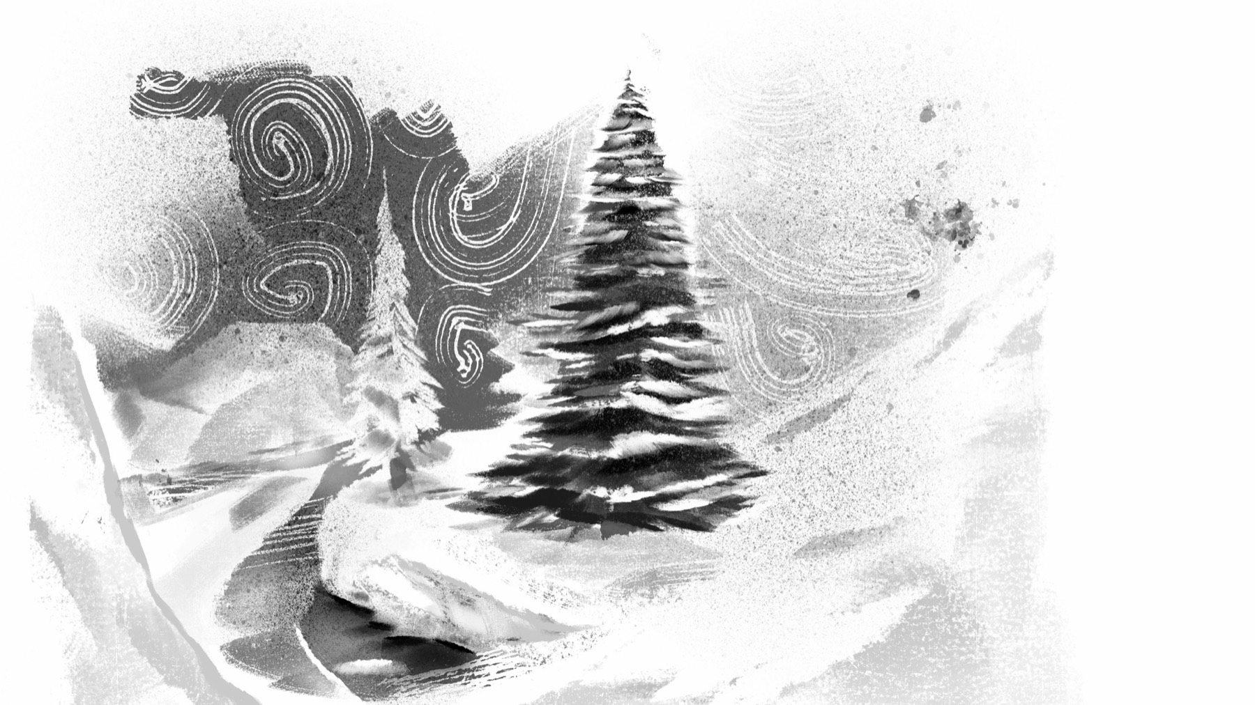 Black-and-white winter landscape with a snow-covered evergreen and swirling textures